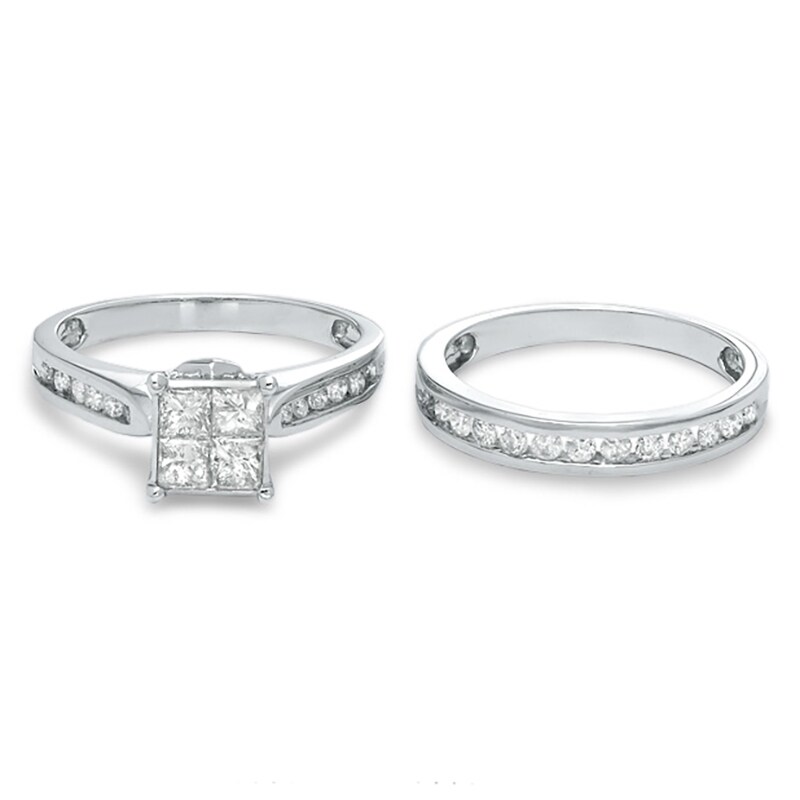 Main Image 3 of Previously Owned - 1-1/4 CT. T.W. Princess-Cut Quad Diamond Bridal Set in 14K White Gold