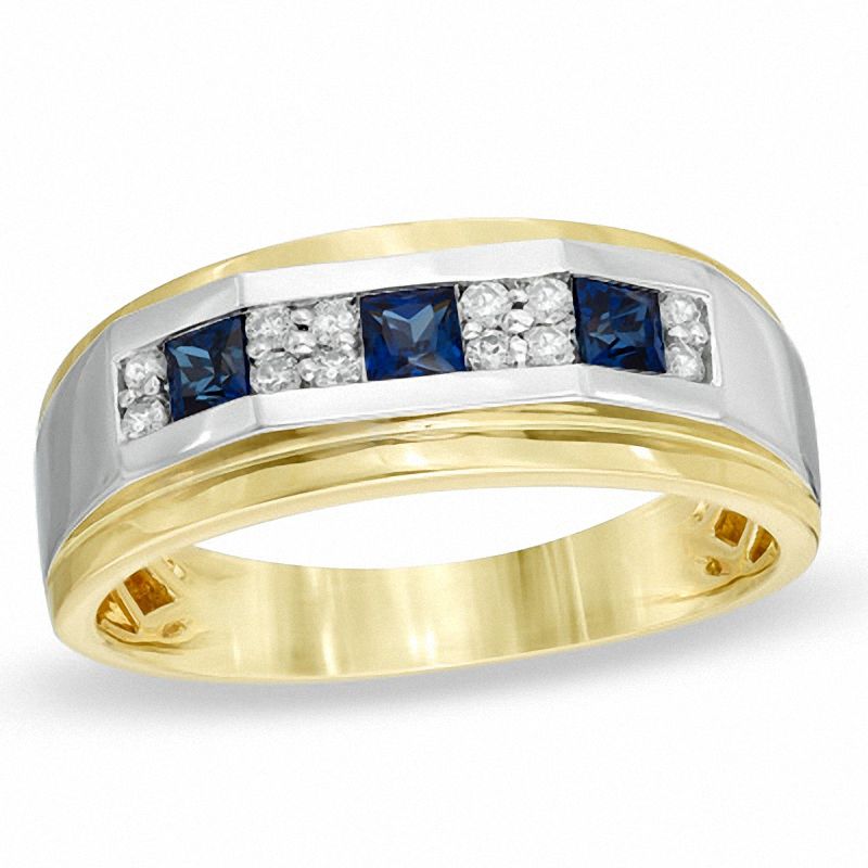 Previously Owned - Men's Square-Cut Lab-Created Blue Sapphire and 1/5 CT. T.W. Diamond Ring in 10K Two-Tone Gold