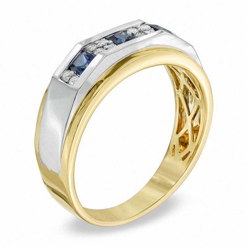 Previously Owned - Men's Square-Cut Lab-Created Blue Sapphire and 1/5 CT. T.W. Diamond Ring in 10K Two-Tone Gold