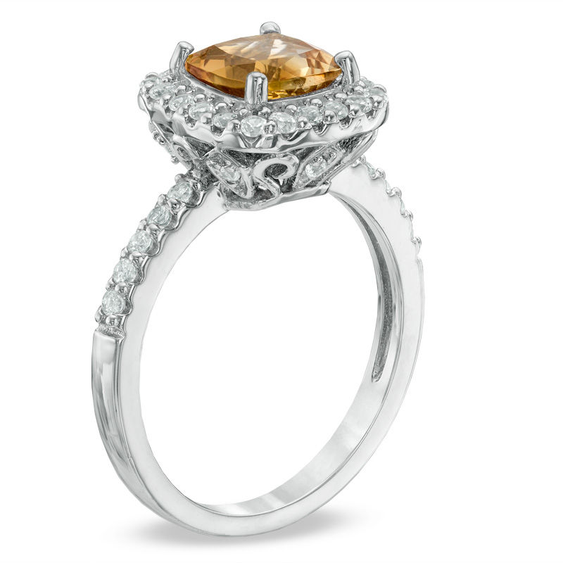 Previously Owned - 7.0mm Cushion-Cut Citrine and Lab-Created White Sapphire Frame Ring in Sterling Silver