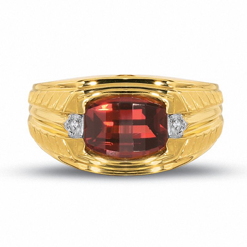 Previously Owned - Men's Barrel-Cut Garnet Ring in 10K Gold with Diamond Accents
