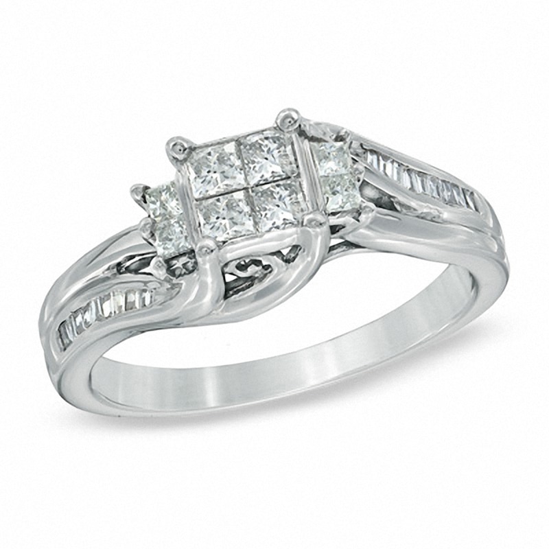 Main Image 1 of Previously Owned - 1/2 CT. T.W. Quad Princess-Cut Diamond Engagement Ring in 10K White Gold
