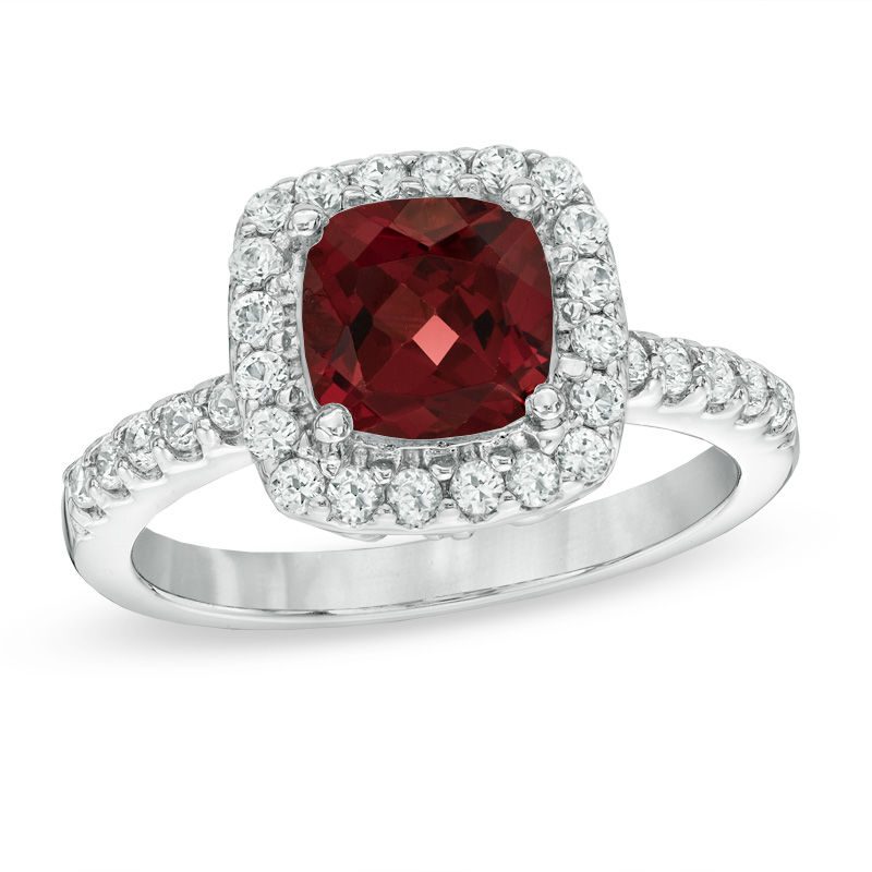 Previously Owned - 7.0mm Cushion-Cut Garnet and Lab-Created White Sapphire Frame Ring in Sterling Silver