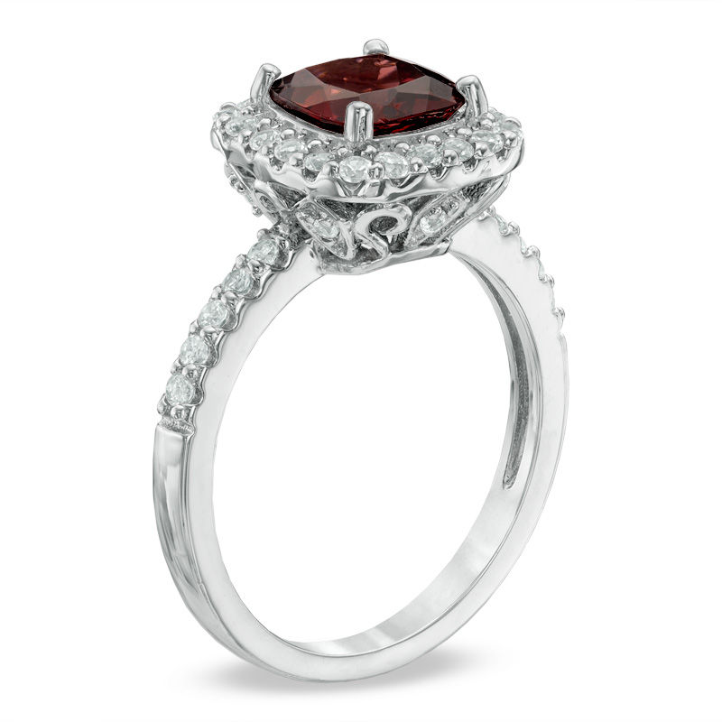 Previously Owned - 7.0mm Cushion-Cut Garnet and Lab-Created White Sapphire Frame Ring in Sterling Silver