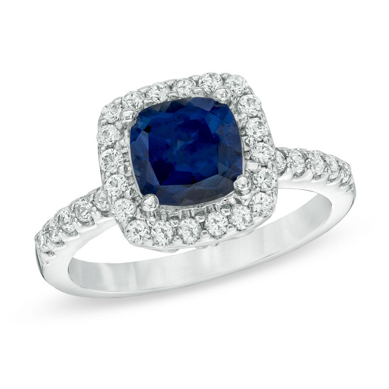 Main Image 1 of Previously Owned - 7.0mm Cushion-Cut Lab-Created Blue and White Sapphire Frame Ring in Sterling Silver