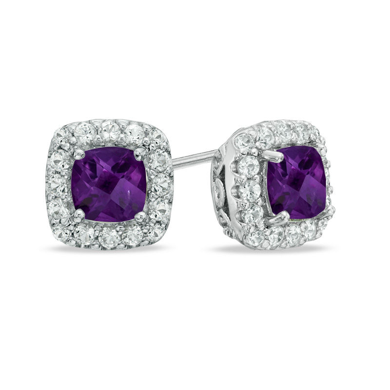 Main Image 1 of Previously Owned - 5.0mm Cushion-Cut Amethyst and Lab-Created White Sapphire Frame Stud Earrings in Sterling Silver