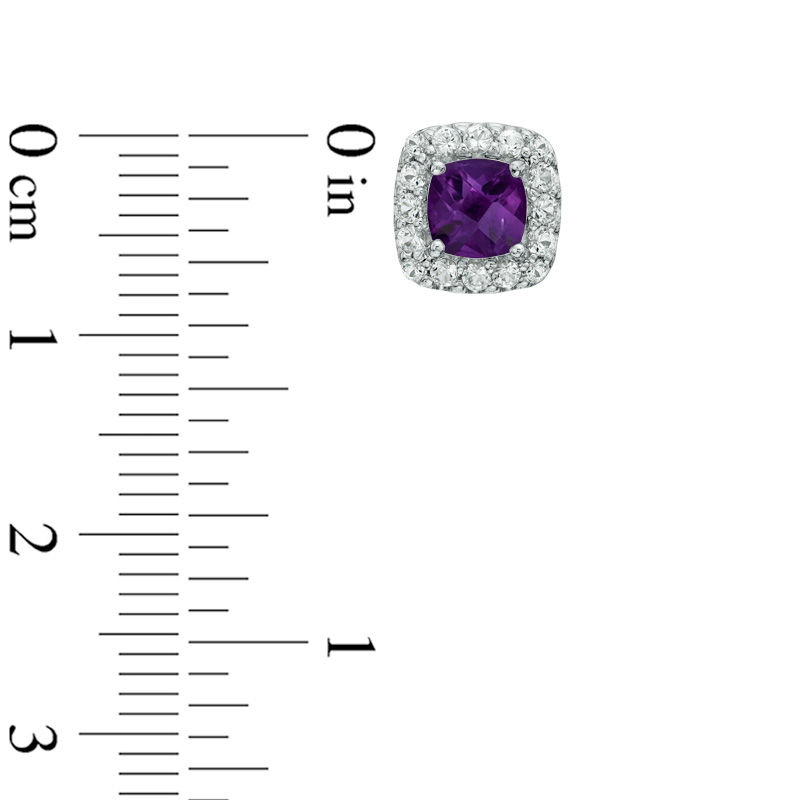 Main Image 2 of Previously Owned - 5.0mm Cushion-Cut Amethyst and Lab-Created White Sapphire Frame Stud Earrings in Sterling Silver