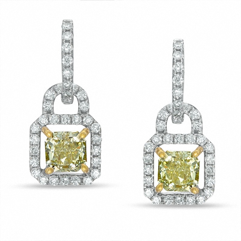 Main Image 1 of Previously Owned - 2 CT. T.W. Cushion-Cut Fancy Yellow and White Diamond Drop Earrings in 14K White Gold (SI2)