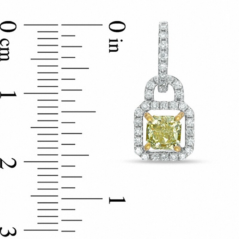Main Image 2 of Previously Owned - 2 CT. T.W. Cushion-Cut Fancy Yellow and White Diamond Drop Earrings in 14K White Gold (SI2)