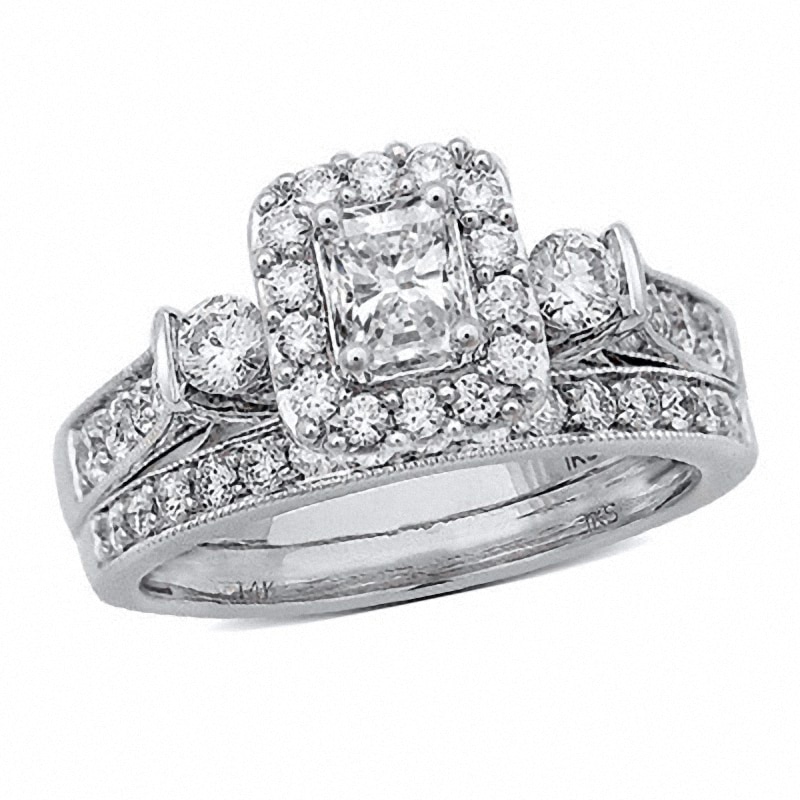 Main Image 1 of Previously Owned - 1-1/5 CT. T.W. Radiant-Cut Diamond Frame Vintage-Style Bridal Set in 14K White Gold