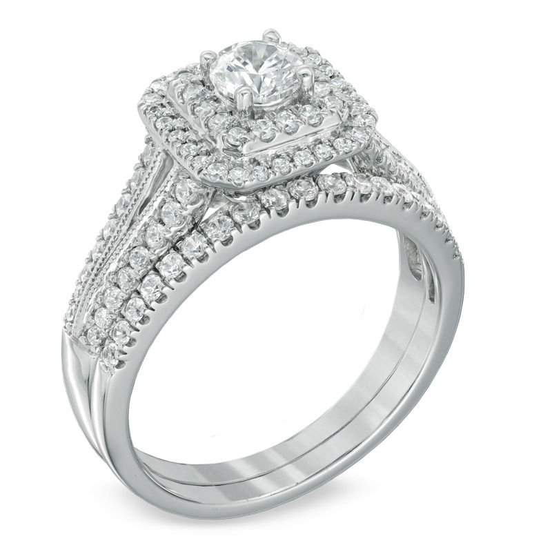Main Image 2 of Previously Owned - Celebration Grand® 1 CT. T.W. Diamond Double Frame Bridal Set in 14K White Gold (H-I/I1)