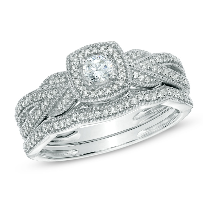 Main Image 1 of Previously Owned - 3/8 CT. T.W. Diamond Braid Vintage-Style Frame Bridal Set in 10K White Gold