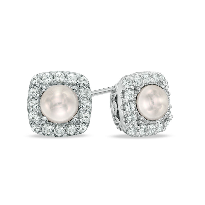 Previously Owned - 4.5 - 5.0mm Cultured Freshwater Pearl and Lab-Created White Sapphire Frame Stud Earrings in Sterling Silver