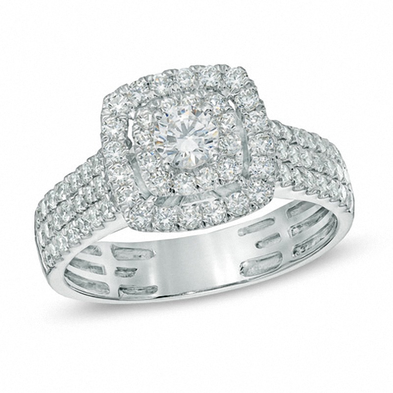 Previously Owned - 1 CT. T.W. Diamond Double Frame Triple Row Engagement Ring in 14K White Gold