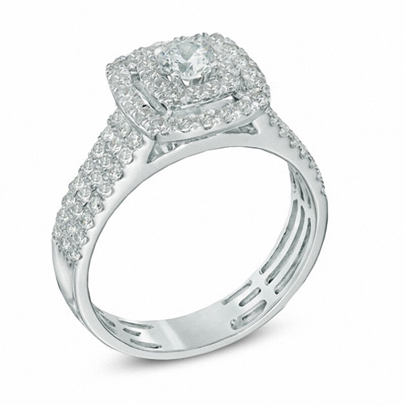 Previously Owned - 1 CT. T.W. Diamond Double Frame Triple Row Engagement Ring in 14K White Gold