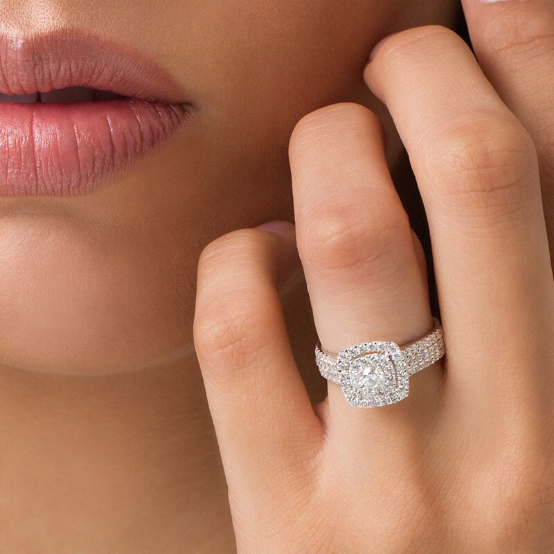 Previously Owned - 1 CT. T.W. Diamond Double Frame Triple Row Engagement Ring in 14K White Gold