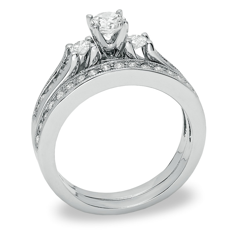 Previously Owned - 3/4 CT. T.W. Diamond Three Stone Bridal Set in 14K White Gold