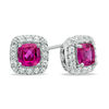 Previously Owned - 5.0mm Cushion-Cut Lab-Created Pink and White Sapphire Frame Stud Earrings in Sterling Silver