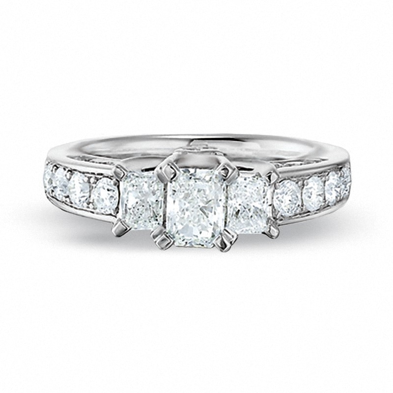 Main Image 1 of Previously Owned - 1-1/2 CT. T.W. Radiant-Cut Diamond Three Stone Ring in 14K White Gold