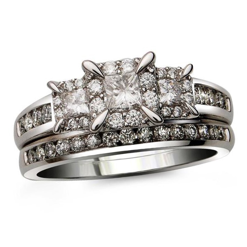 Main Image 1 of Previously Owned - 1 CT. T.W. Princess-Cut Diamond Past Present Future® Bridal Set in 14K White Gold