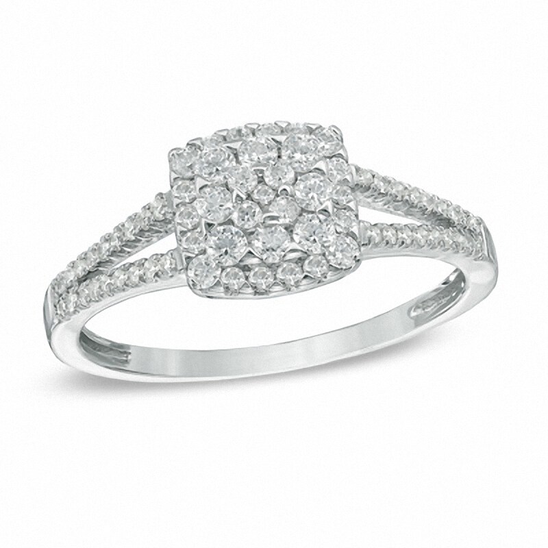Main Image 1 of Previously Owned - 1/2 CT. T.W. Diamond Square Frame Cluster Engagement Ring in 10K White Gold