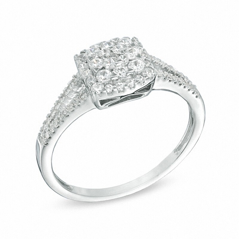 Main Image 2 of Previously Owned - 1/2 CT. T.W. Diamond Square Frame Cluster Engagement Ring in 10K White Gold