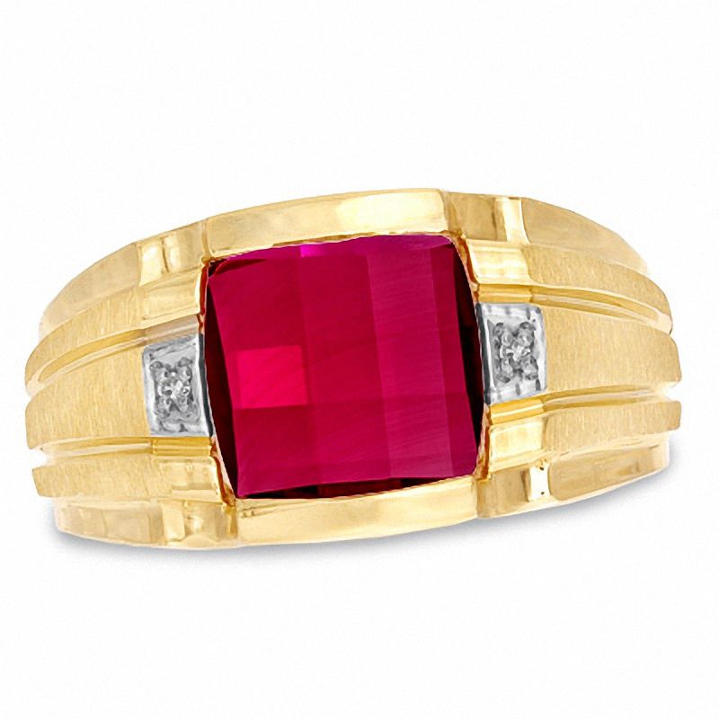 Previously Owned Men s Cushion Cut Lab Created Ruby and Diamond Accent Ring in 10K Gold Zales Outlet