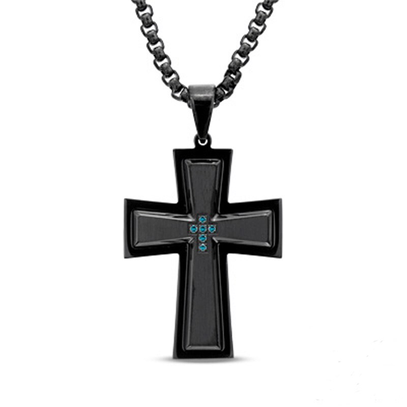 Previously Owned - Men's Enhanced Blue Diamond Accent Cross Pendant in Black Stainless Steel - 24"
