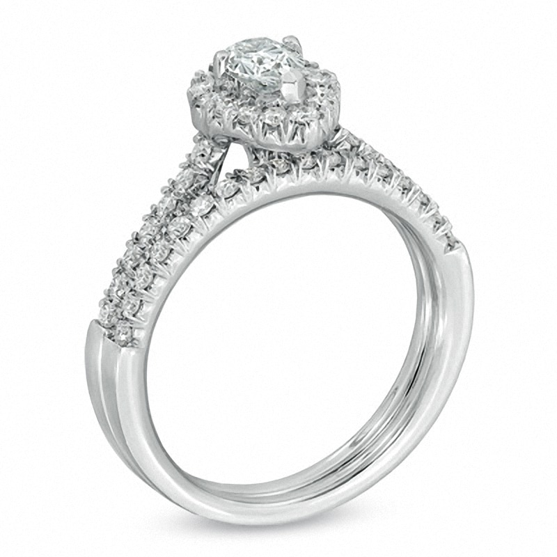 Main Image 2 of Previously Owned - 3/4 CT. T.W. Pear-Shaped Diamond Frame Bridal Set in 14K White Gold