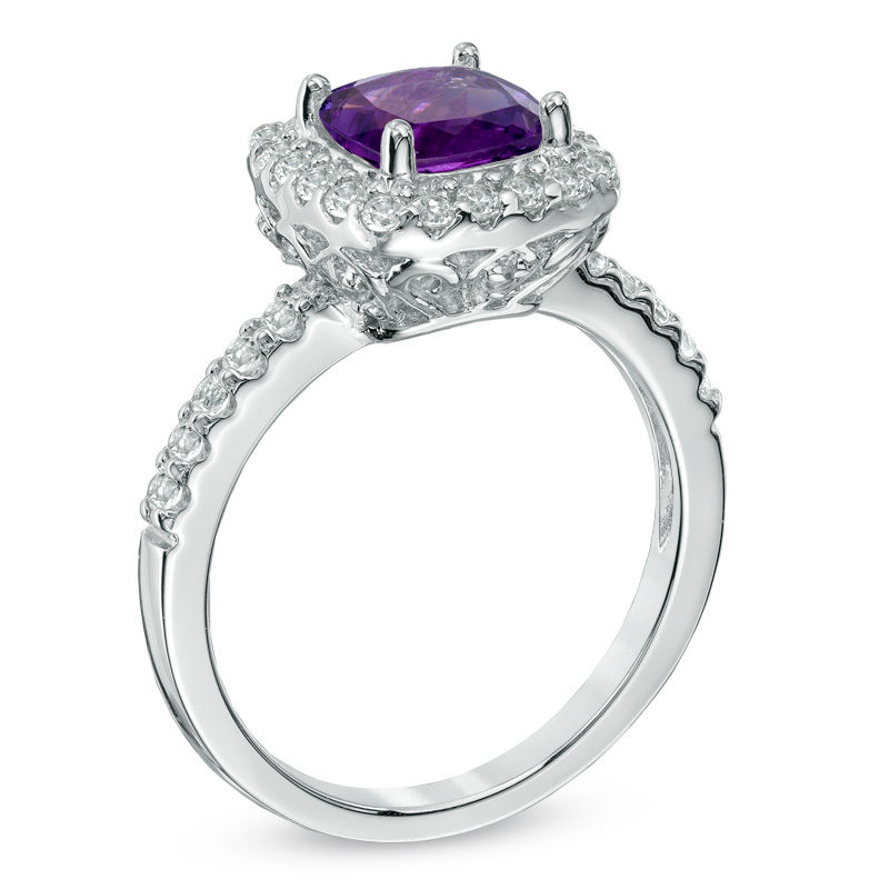 Main Image 2 of Previously Owned - 7.0mm Cushion-Cut Amethyst and Lab-Created White Sapphire Ring in Sterling Silver