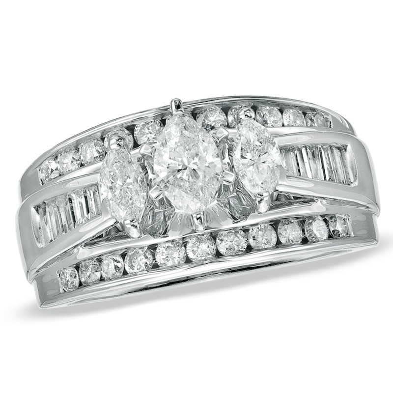 Main Image 1 of Previously Owned - 1-1/2 CT. T.W. Marquise Diamond Cathedral Bridge Ring in 14K White Gold