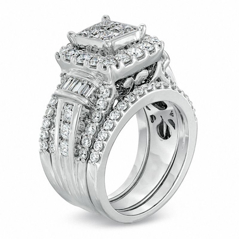 Main Image 2 of Previously Owned 3 CT. T.W. Quad Princess-Cut Diamond Frame Soldered Bridal Set in 14K White Gold