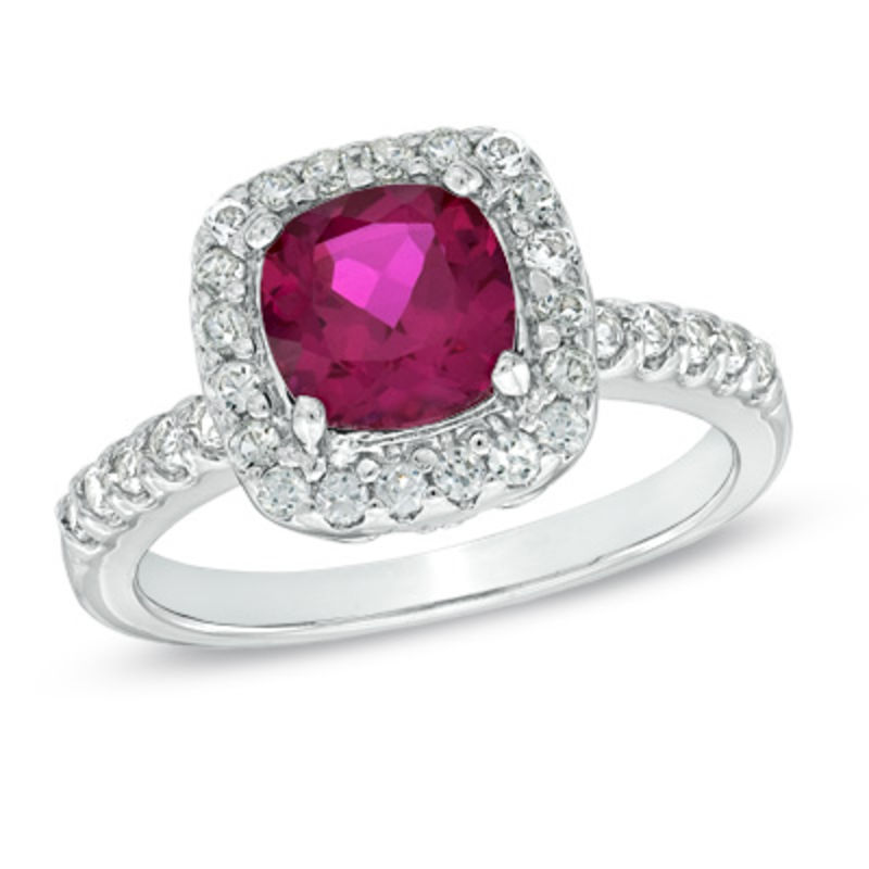 Previously Owned - 7.0mm Cushion-Cut Lab-Created Ruby and White Sapphire Frame Ring in Sterling Silver