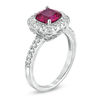 Thumbnail Image 1 of Previously Owned - 7.0mm Cushion-Cut Lab-Created Ruby and White Sapphire Frame Ring in Sterling Silver