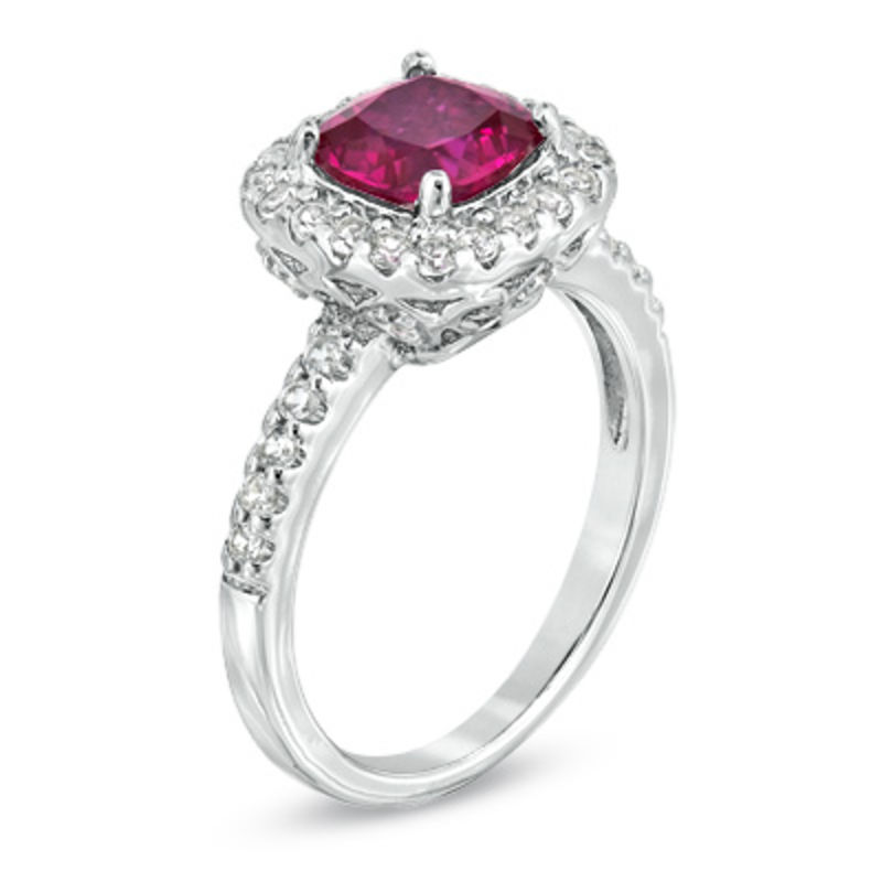 Previously Owned - 7.0mm Cushion-Cut Lab-Created Ruby and White Sapphire Frame Ring in Sterling Silver