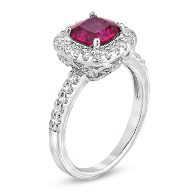 Previously Owned - 7.0mm Cushion-Cut Lab-Created Ruby and White Sapphire Frame Ring in Sterling Silver