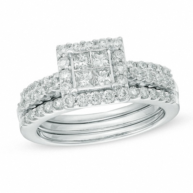 Main Image 1 of Previously Owned 1-1/4 CT. T.W. Quad Princess-Cut Diamond Soldered Bridal Set in 14K White Gold
