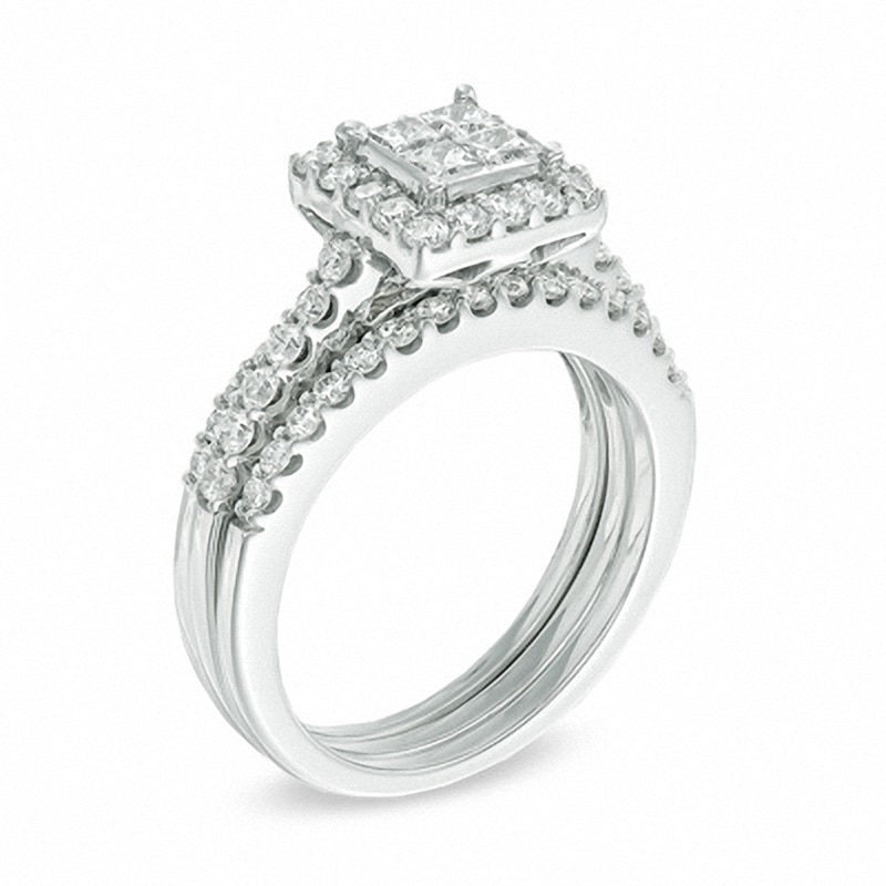 Main Image 2 of Previously Owned 1-1/4 CT. T.W. Quad Princess-Cut Diamond Soldered Bridal Set in 14K White Gold