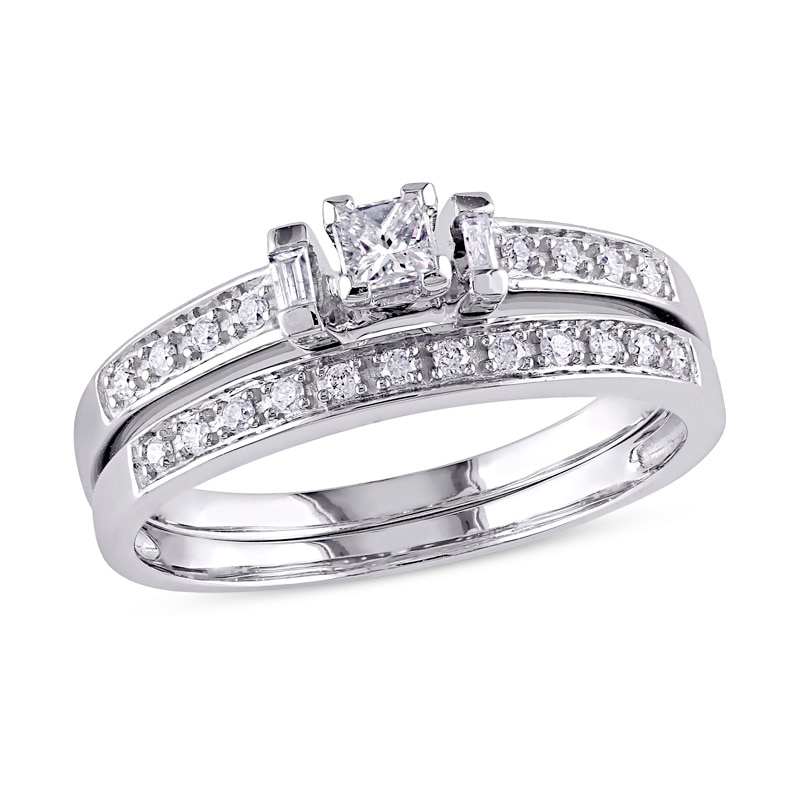 Main Image 1 of Previously Owned - 1/3 CT. T.W. Princess-Cut Diamond Three Stone Bridal Set in 10K White Gold