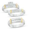 Thumbnail Image 1 of Previously Owned - 1/10 CT. T.W. Quad Diamond Collar Wedding Ensemble in Sterling Silver and 14K Gold - Size 7 and 10.5