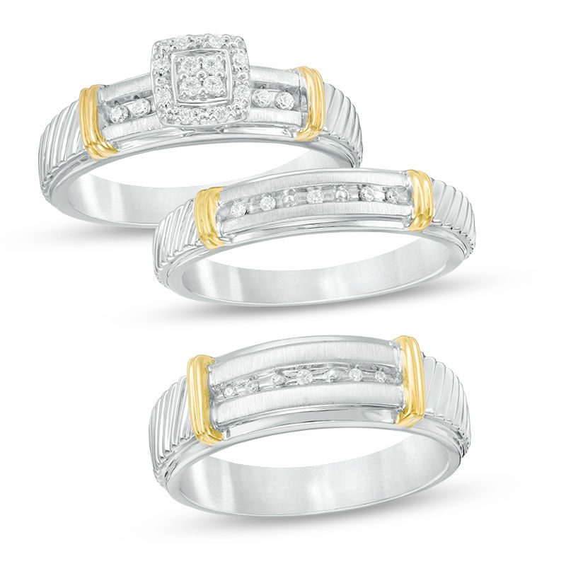 Main Image 1 of Previously Owned - 1/10 CT. T.W. Quad Diamond Collar Wedding Ensemble in Sterling Silver and 14K Gold - Size 7 and 10.5