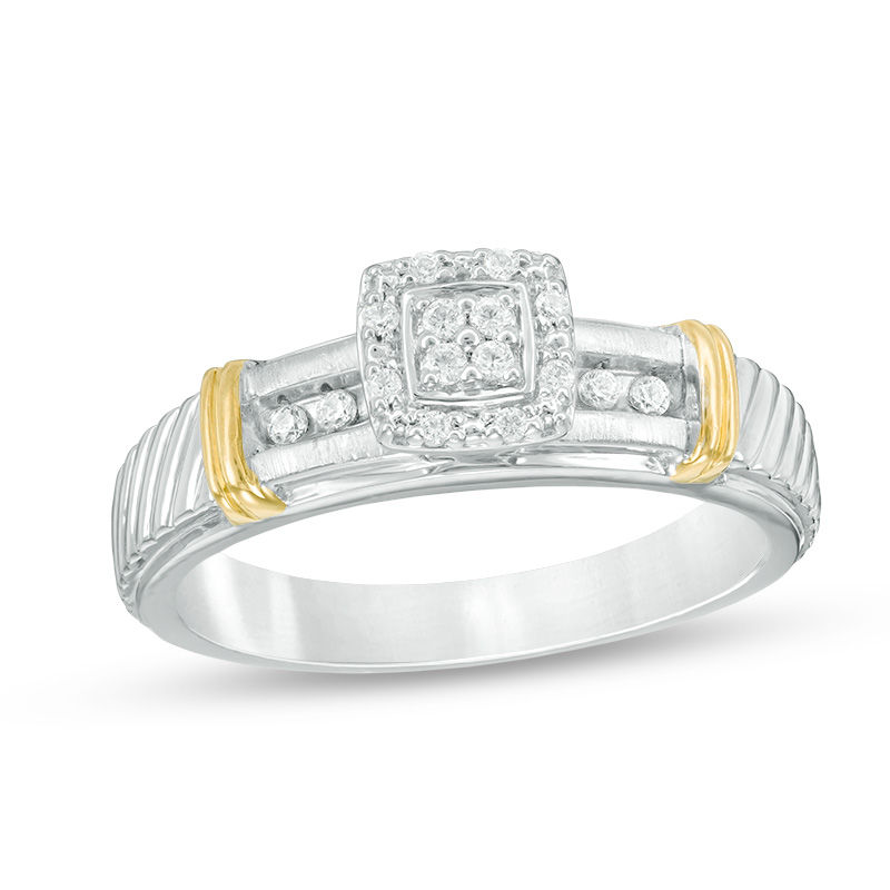 Main Image 2 of Previously Owned - 1/10 CT. T.W. Quad Diamond Collar Wedding Ensemble in Sterling Silver and 14K Gold - Size 7 and 10.5