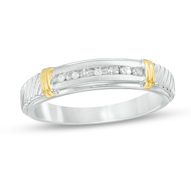 Main Image 3 of Previously Owned - 1/10 CT. T.W. Quad Diamond Collar Wedding Ensemble in Sterling Silver and 14K Gold - Size 7 and 10.5