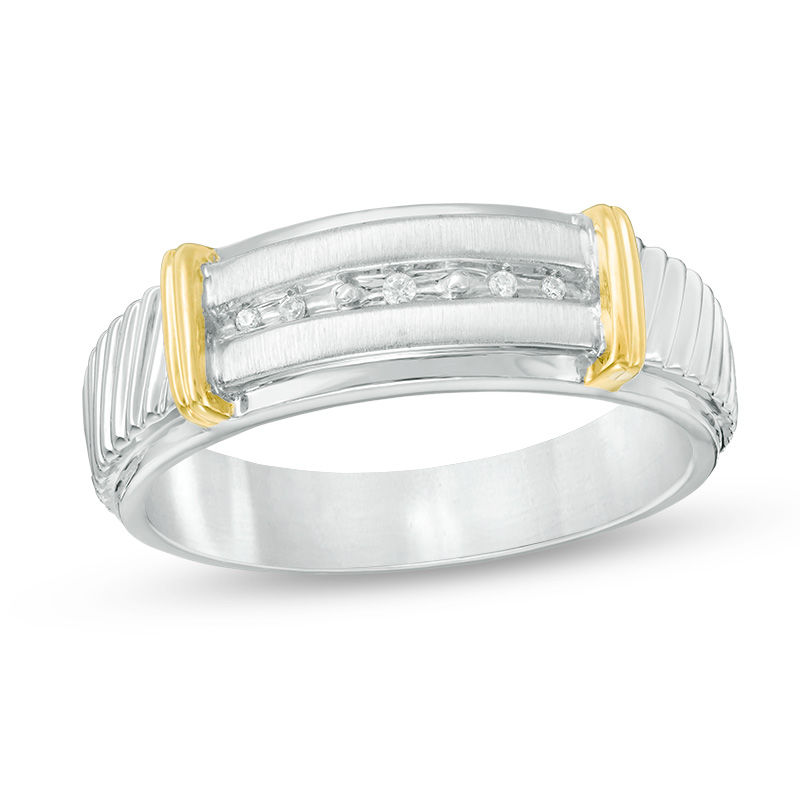 Main Image 4 of Previously Owned - 1/10 CT. T.W. Quad Diamond Collar Wedding Ensemble in Sterling Silver and 14K Gold - Size 7 and 10.5