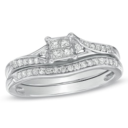 Previously Owned - 1/4 CT. T.W. Quad Princess-Cut Diamond Bypass Bridal Set in 10K White Gold