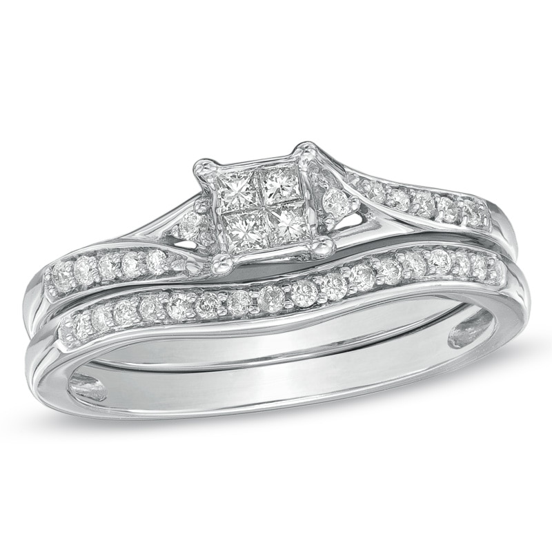 Main Image 1 of Previously Owned - 1/4 CT. T.W. Quad Princess-Cut Diamond Bypass Bridal Set in 10K White Gold