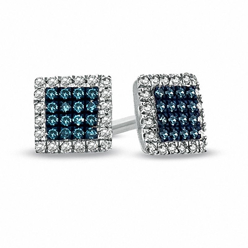 Previously Owned - 1/8 CT. T.W. Enhanced Blue and White Diamond Square Frame Stud Earrings in 10K White Gold