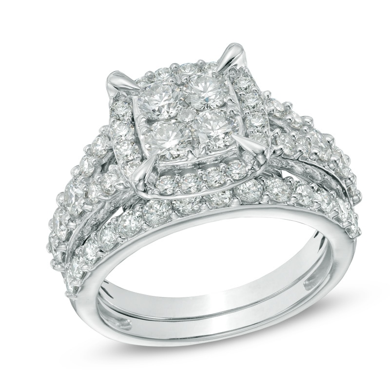 Previously Owned - 2 CT. T.W. Quad Diamond Frame Bridal Set in 14K White Gold