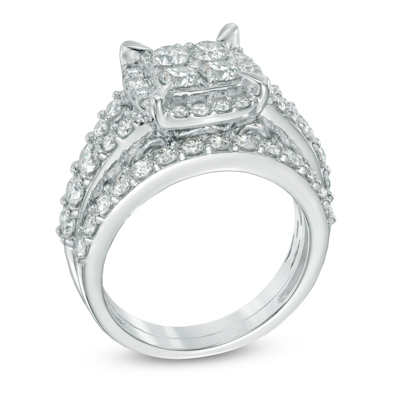 Previously Owned - 2 CT. T.W. Quad Diamond Frame Bridal Set in 14K White Gold