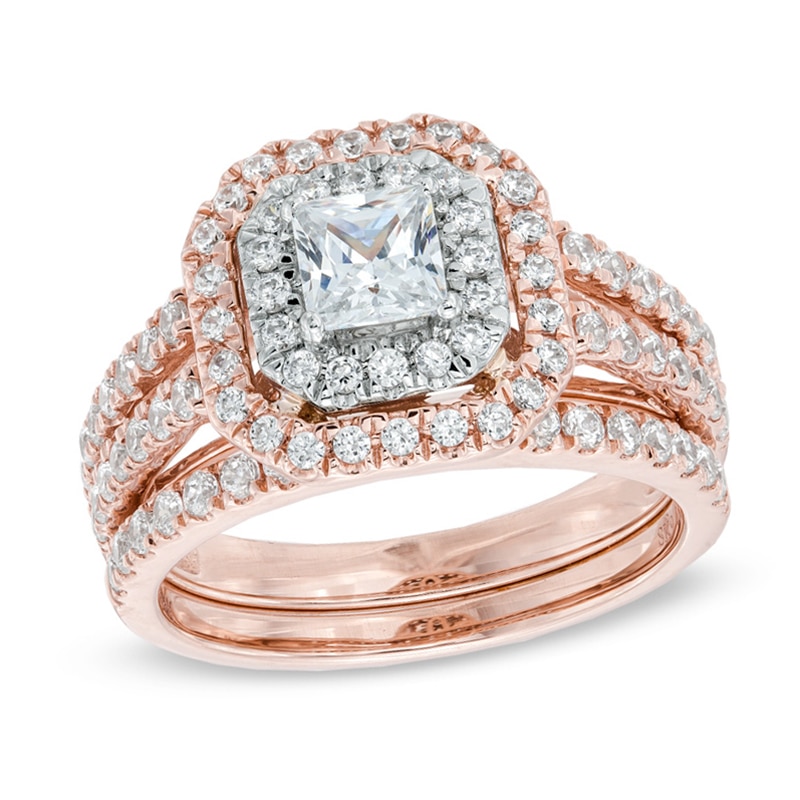 Previously Owned - 1-1/2 CT. T.W. Princess-Cut Diamond Double Frame Bridal Set in 14K Two-Tone Gold